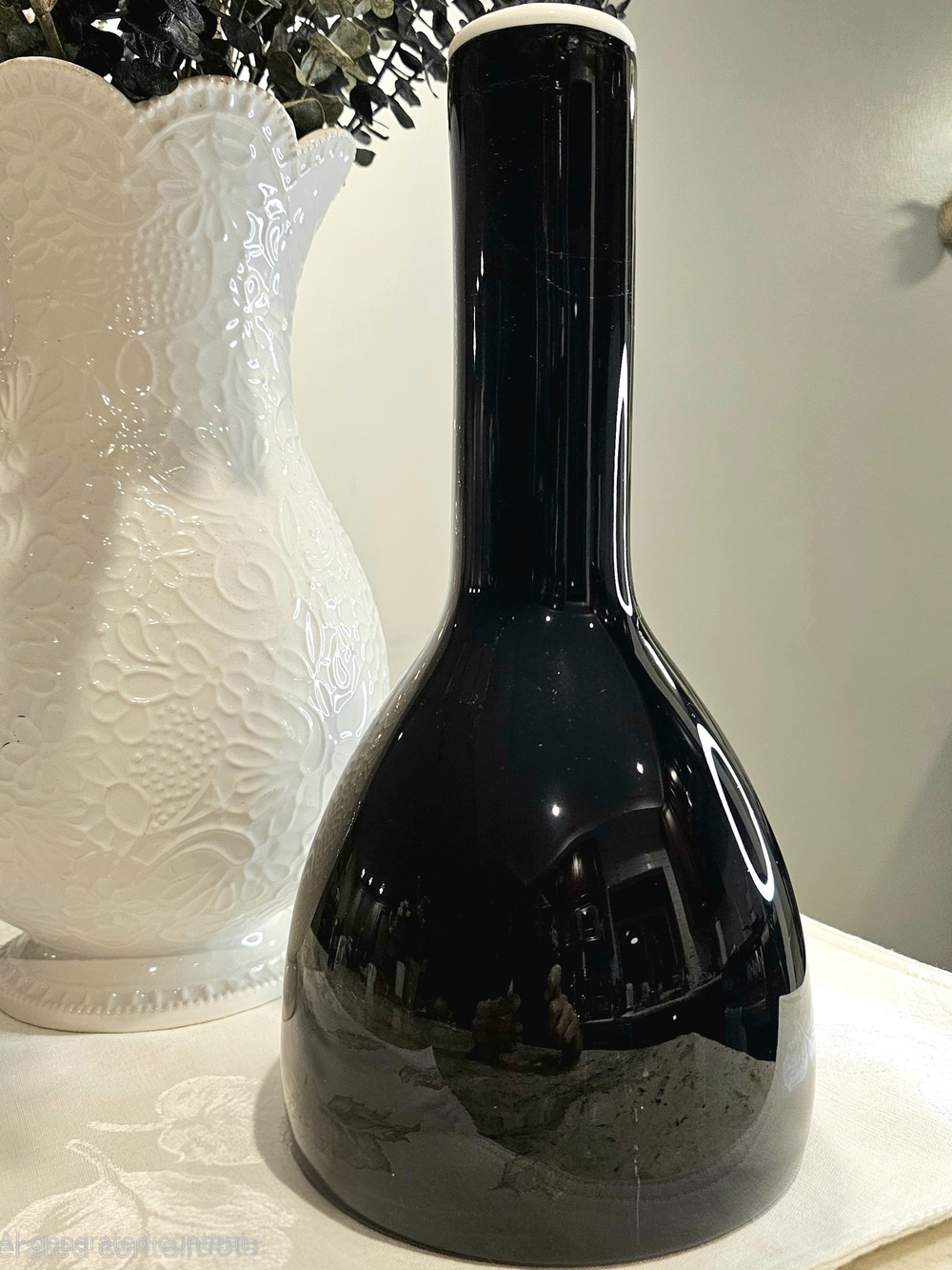 Vintage MCM Black Art Glass Bottle Vase White Applied Rim Hand Blown Tall Modern